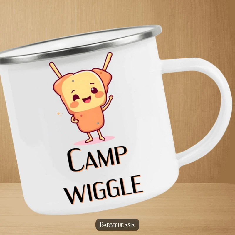 Cheerful skewer of food character doing a funny wiggle on a sturdy camping mug.