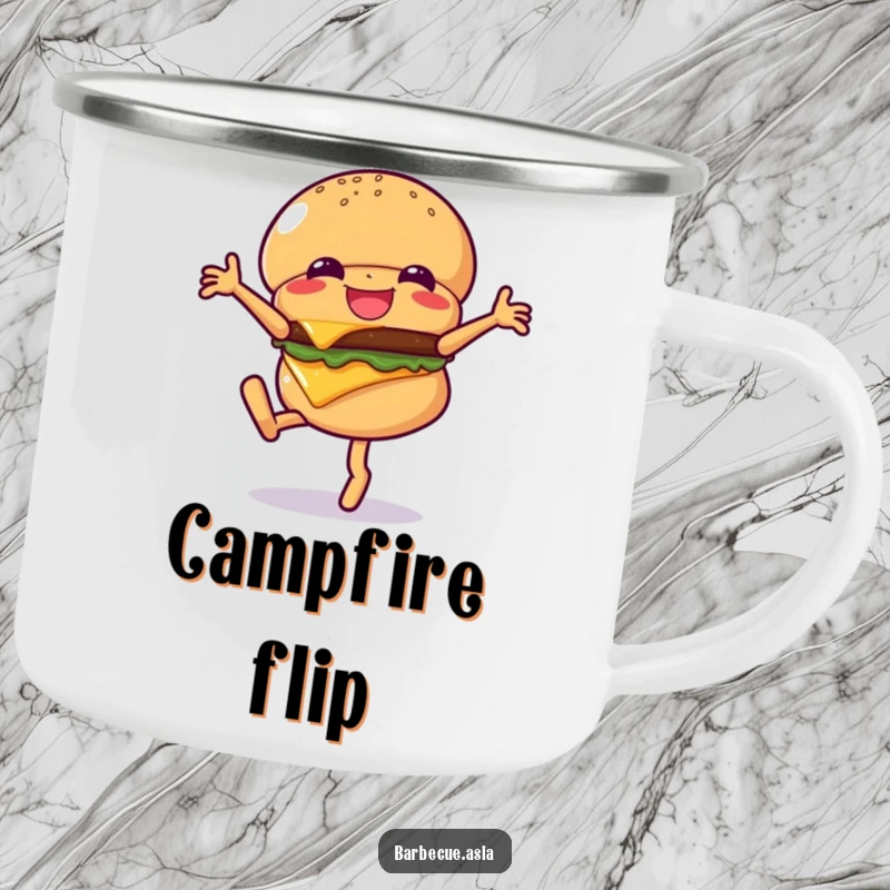 Funny hamburger character doing a cartwheel with cheese flying on a sturdy camping mug.