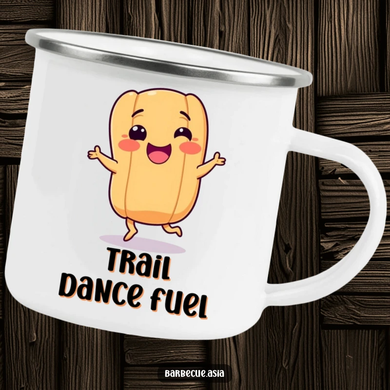 Funny hot dog character with tiny legs dancing merrily on a sturdy camping mug, ready for adventures.