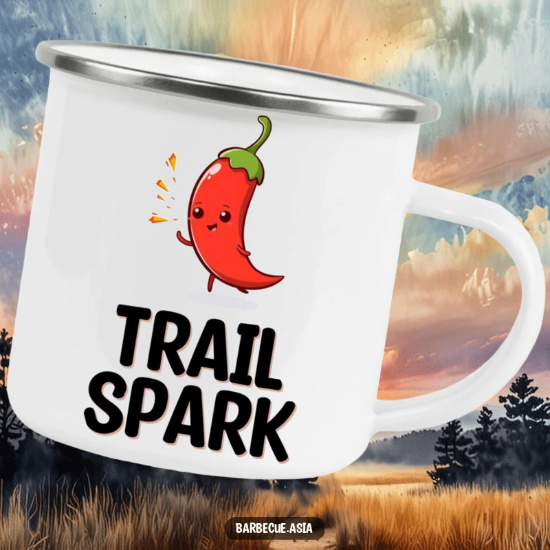 Funny spicy chili pepper character spitting tiny sparks on a sturdy camping mug.