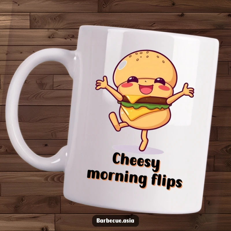 Funny hamburger character with visible cheese doing a cartwheel with a giggle on a mug.