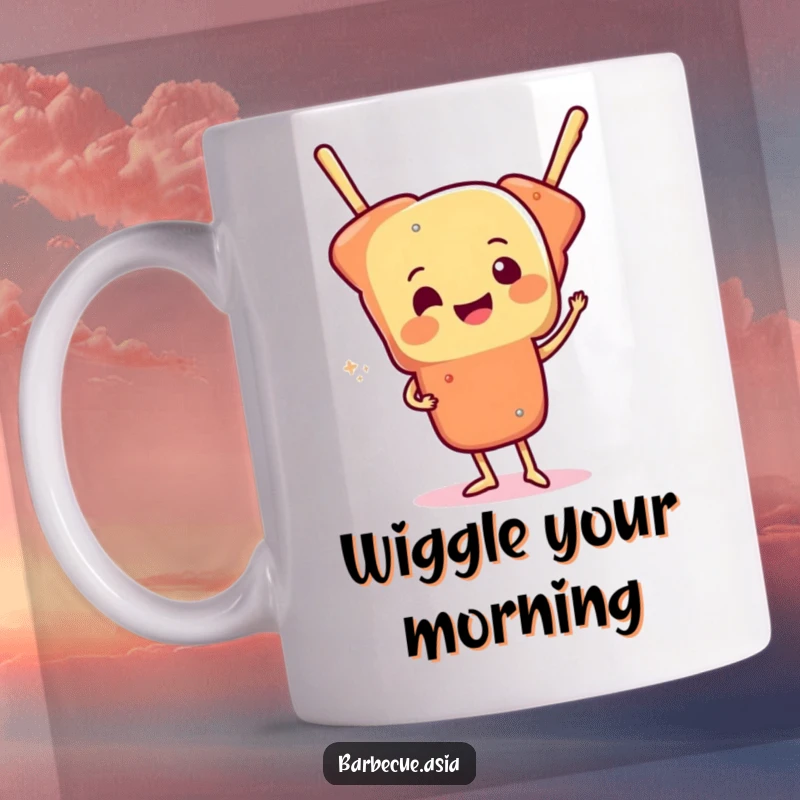 Cheerful skewer of food character doing a funny wiggle dance on a mug, radiating joy.