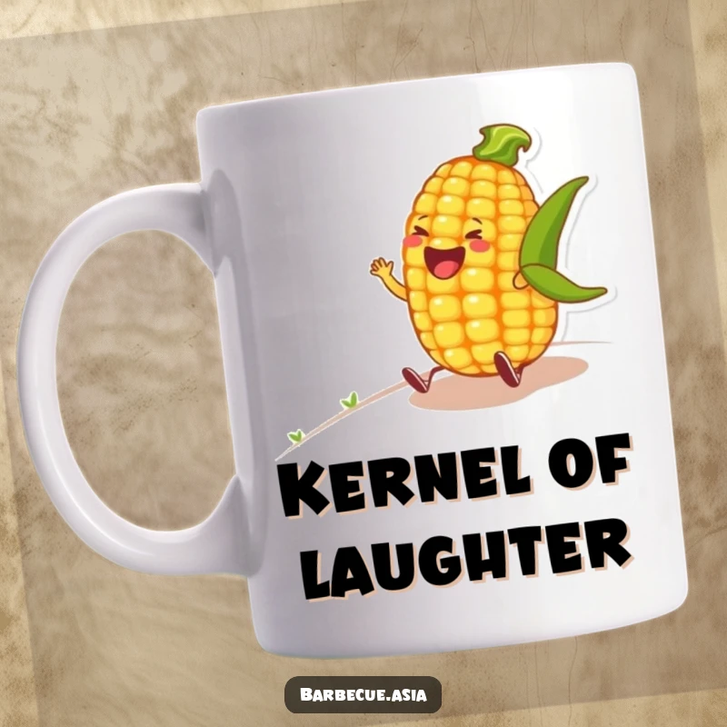 Funny corn on the cob character hysterically rolling with laughter down a hill on a mug.