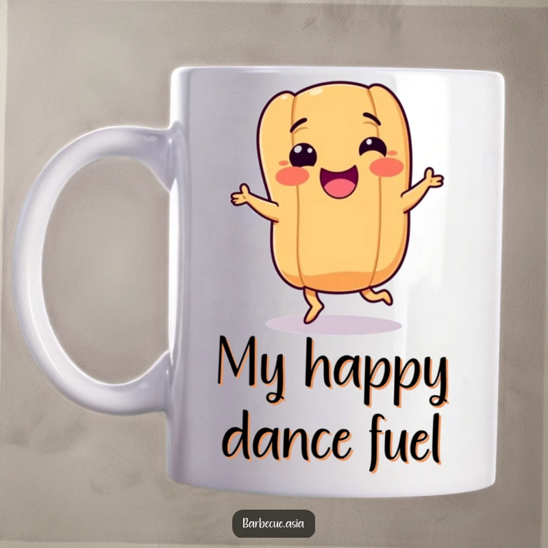 Funny hot dog character with tiny legs doing a joyful dance on a mug, perfect for a silly gift.