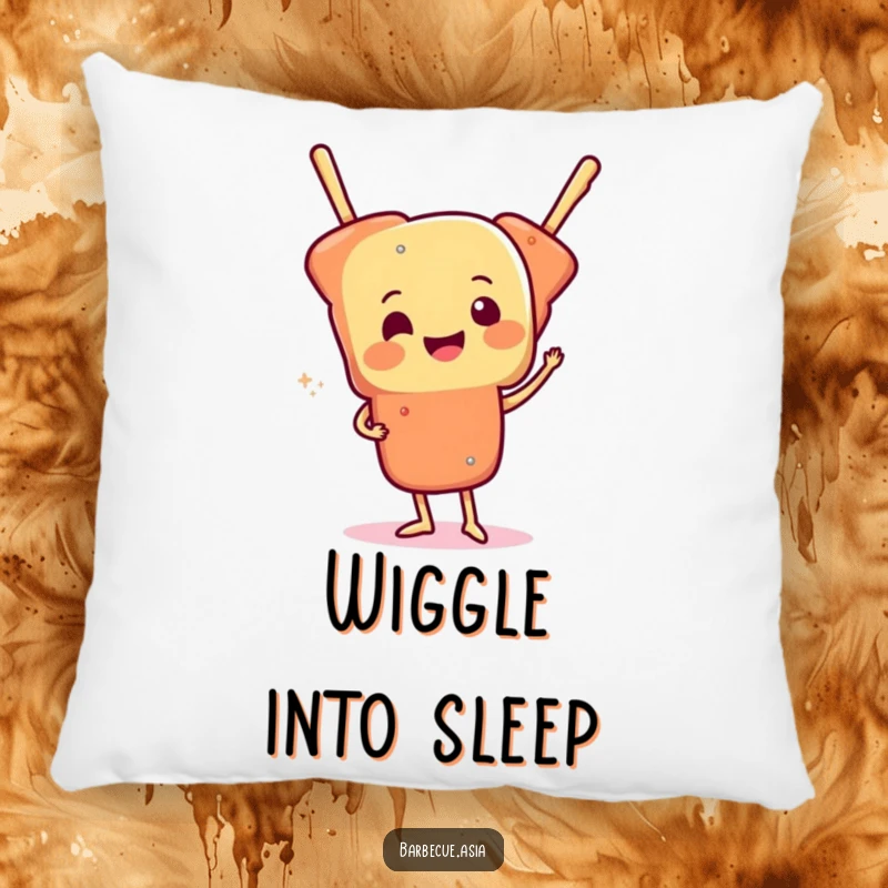 Cheerful skewer of food character doing a funny wiggle on a soft pillow for cozy fun.