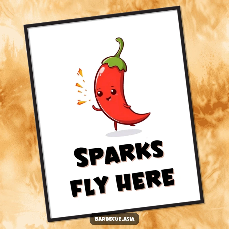 Funny spicy chili pepper character playfully spitting tiny sparks, rendered as a digital art print.