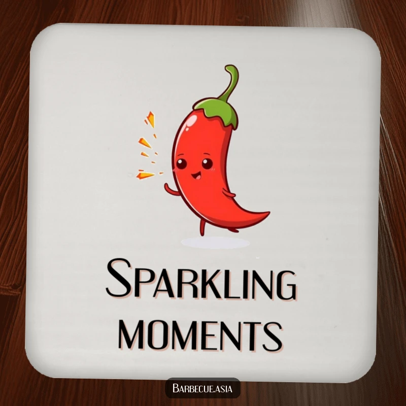 Funny spicy chili pepper character spitting sparks on drink coasters.