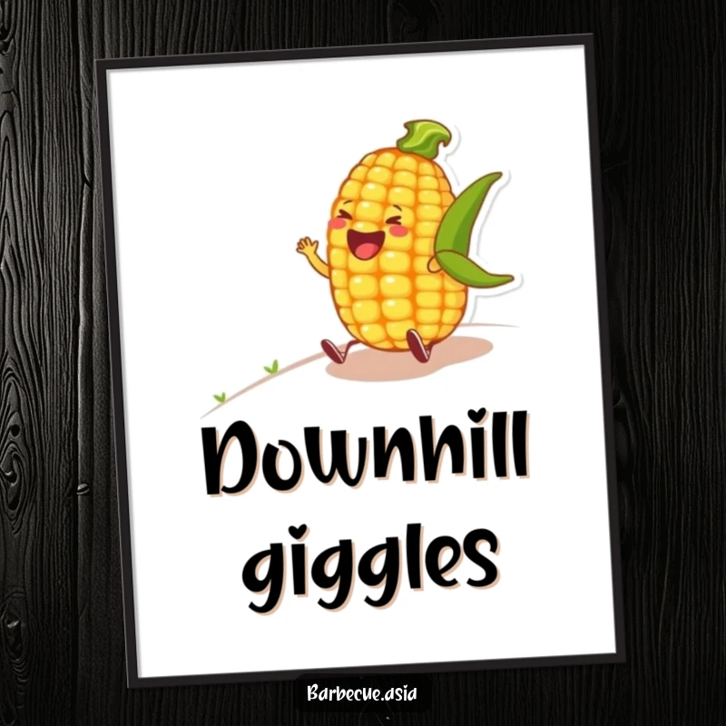 Funny corn on the cob character captured mid-laugh while tumbling down a hill on a poster.