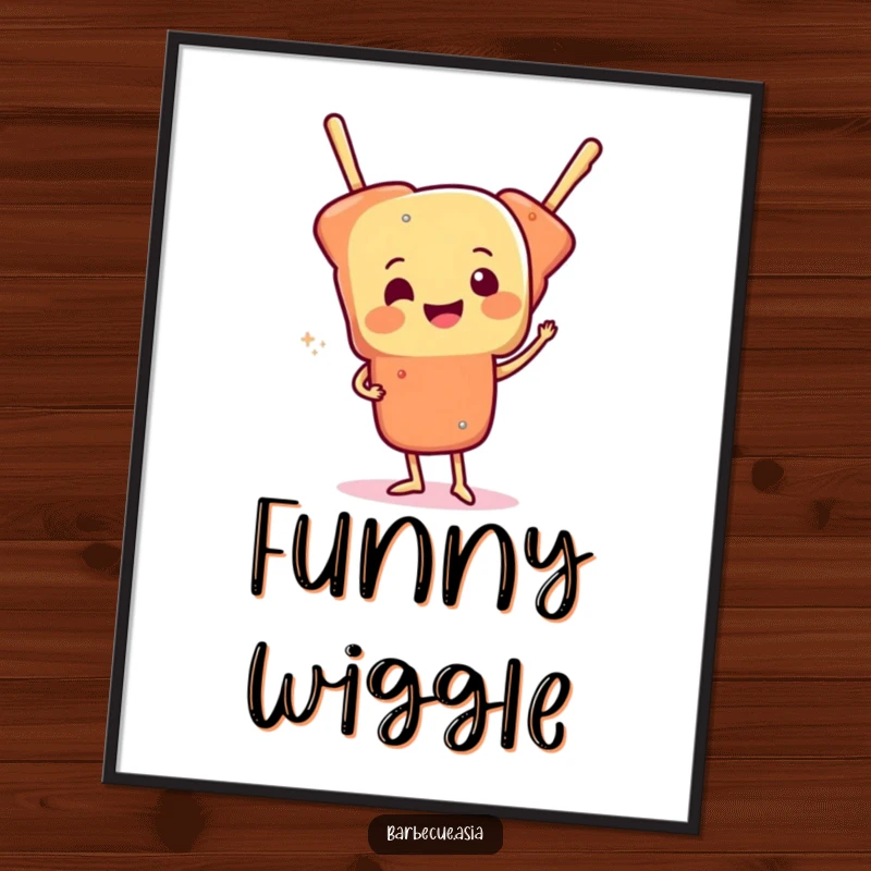 Cheerful skewer of food character doing a funny wiggle, depicted on a poster for lively decor.