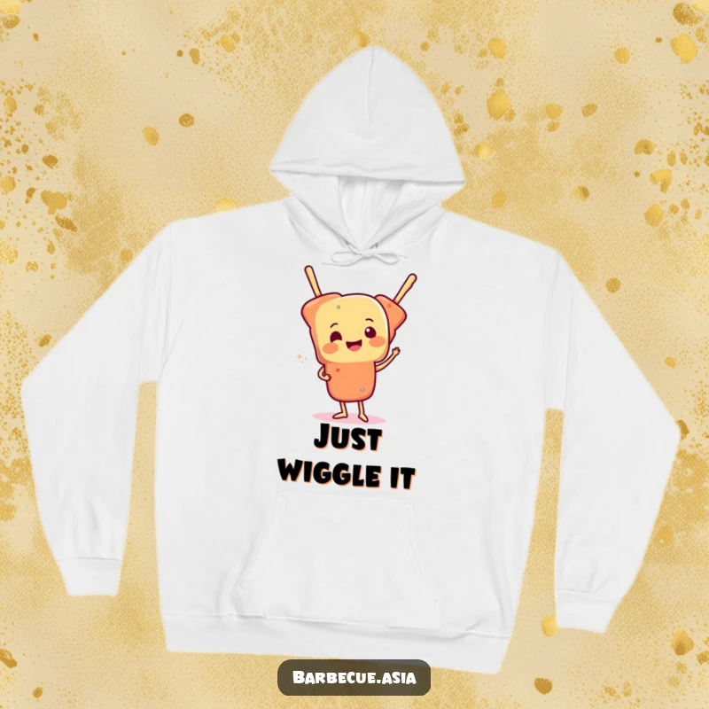 Cheerful skewer of food character doing a funny wiggle, featured on a warm and cozy hoodie.