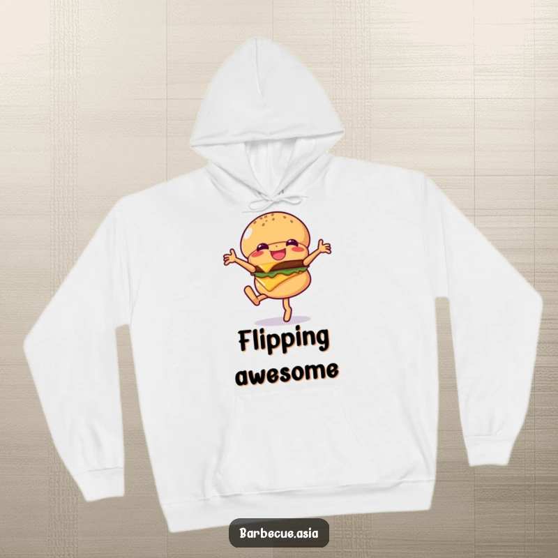 Funny hamburger character doing a cartwheel with cheese visible, featured on a warm and cozy hoodie.