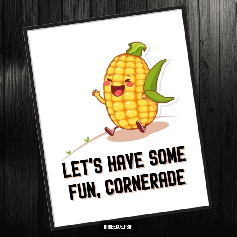 Funny Free Printable Wall Art: A jovial corn on the cob character captured mid-roll down a hill, bursting with laughter.