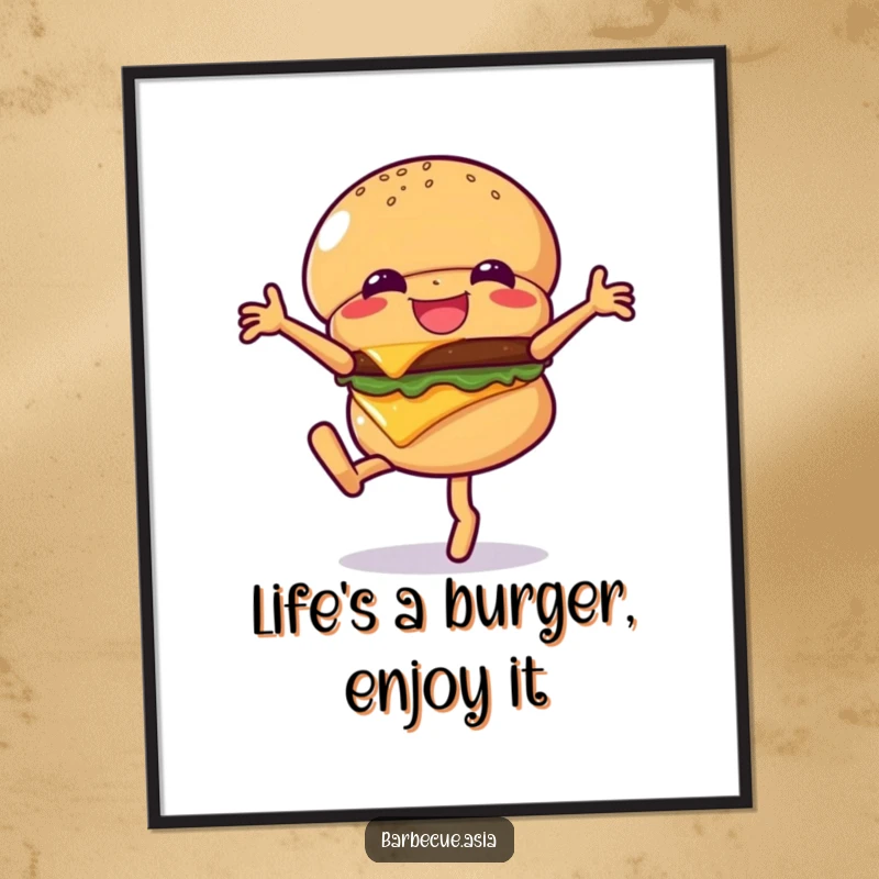 Funny Free Printable Wall Art: A giggling hamburger character captured mid-cartwheel, with its cheese happily on display.