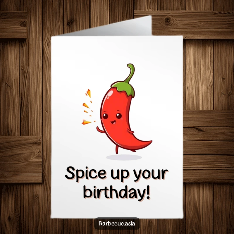 Funny Free Printable Birthday Card: A spicy chili pepper character playfully spitting small, bright sparks with a mischievous grin.