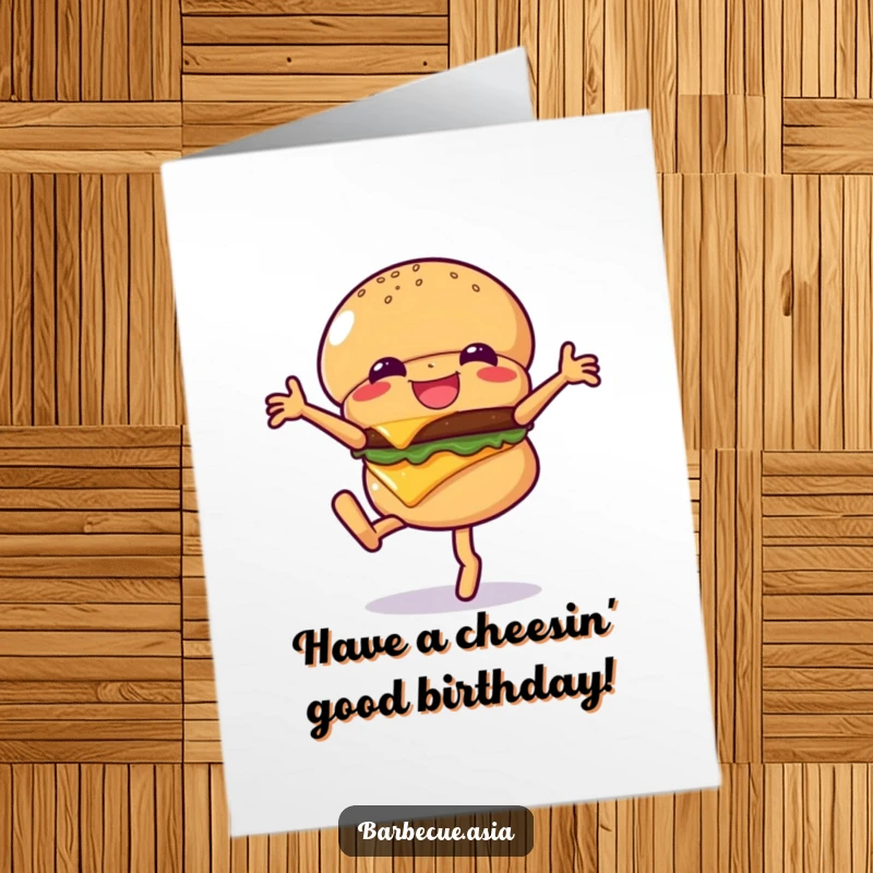 Funny Free Printable Birthday Card: A giggling hamburger character performing a cartwheel, with cheese flying expressively.
