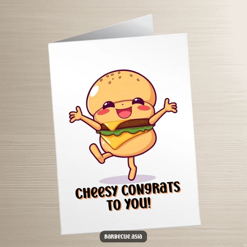 Funny Free Printable Congratulations Card: A giggling hamburger character doing a cartwheel, dripping with visible, delighted cheese.