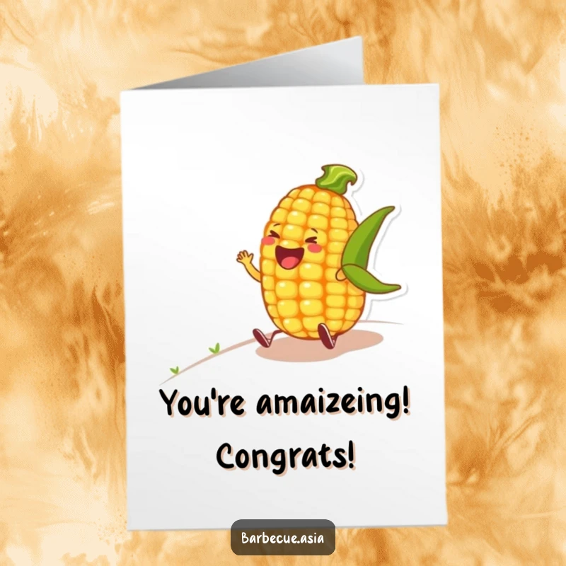 Funny Free Printable Congratulations Card: A jovial corn on the cob character rolling down a hill in fits of laughter.