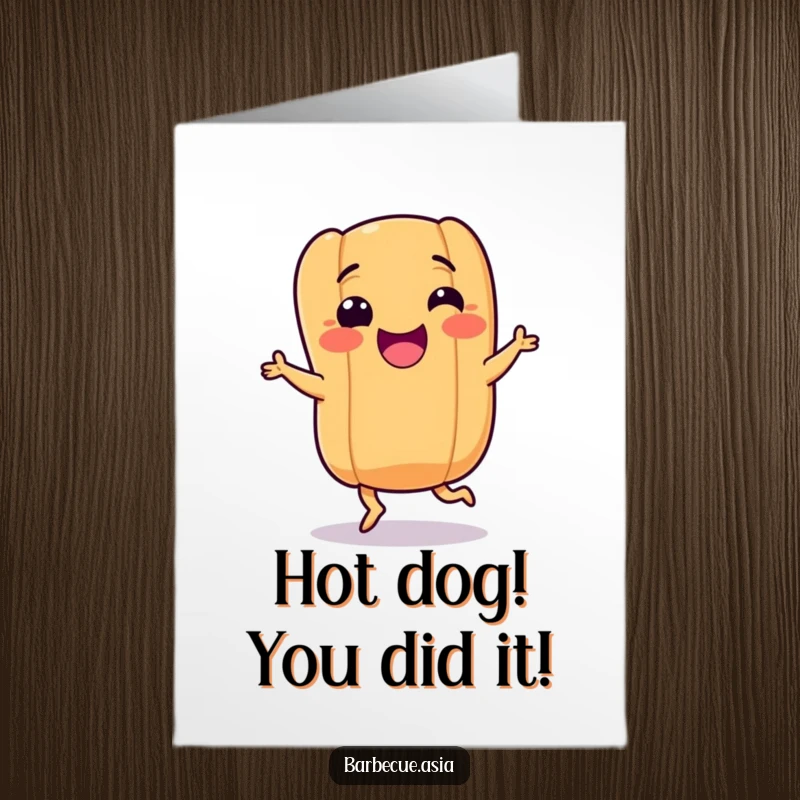 Funny Free Printable Congratulations Card: A smiling hot dog with tiny legs doing a celebratory happy dance.