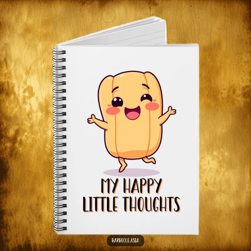 Funny hot dog character with stubby legs doing a happy dance on a notebook cover, inspiring creativity.