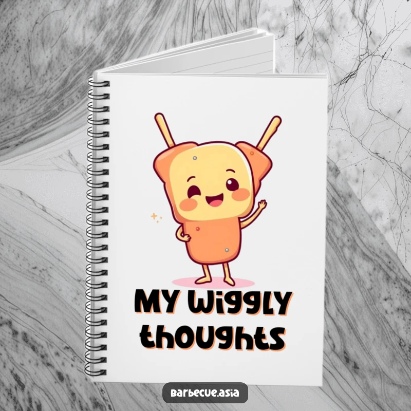 Cheerful skewer of food character doing a funny wiggle on a notebook cover.