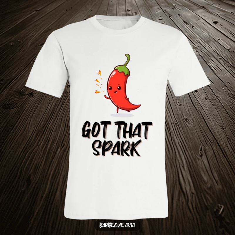 Funny spicy chili pepper character spitting small sparks while wearing a t-shirt, radiating heat.