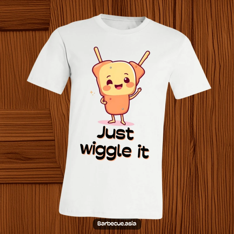 Cheerful skewer of food character doing a funny wiggle motion on a t-shirt for a lively look.