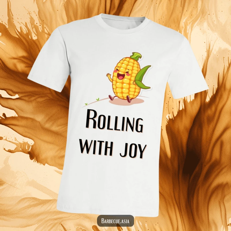 Funny corn on the cob character caught mid-laugh while rolling down a hill on a t-shirt.