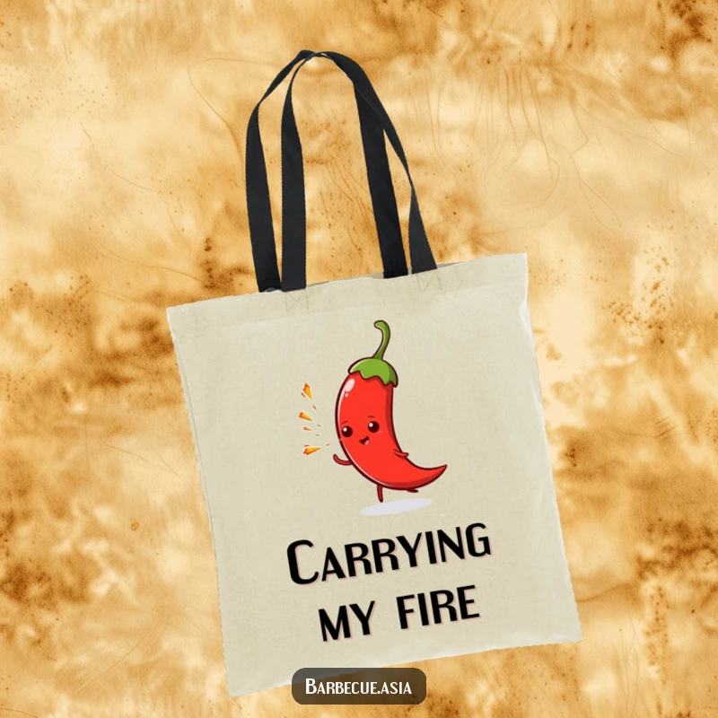 Funny spicy chili pepper character playfully spitting sparks on a durable tote bag.