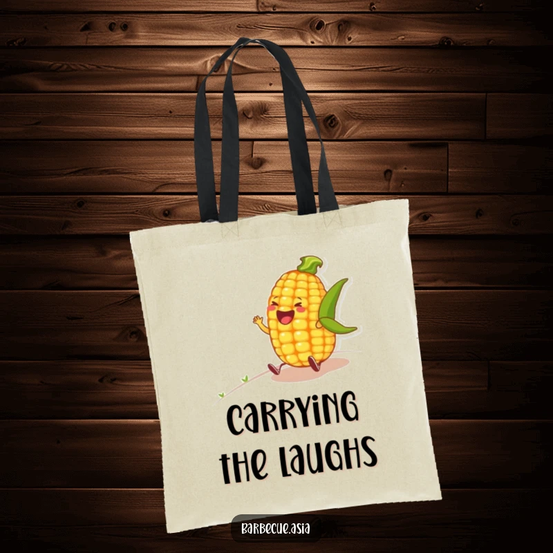 Funny corn on the cob character laughing heartily while rolling down a hill on a tote bag.