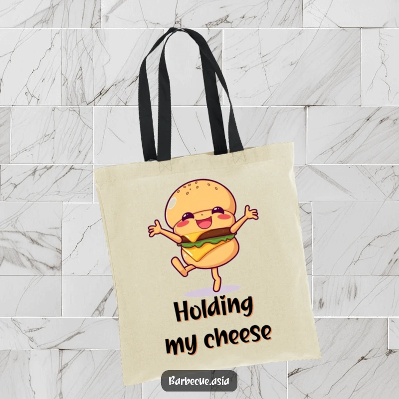 Funny hamburger character doing a cartwheel with cheese flying, printed on a durable tote bag.