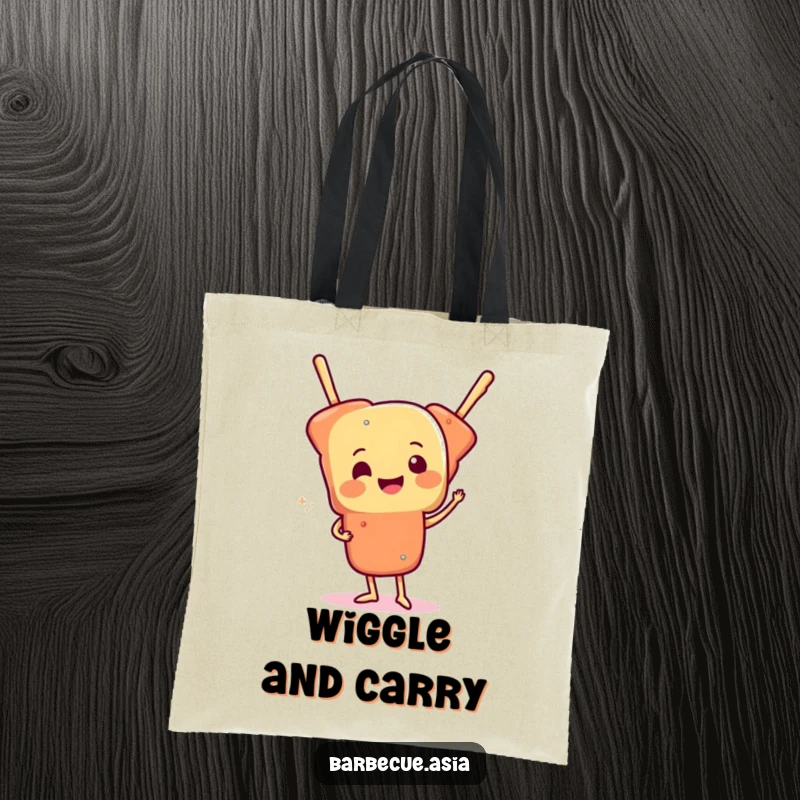 Cheerful skewer of food character doing a funny wiggle on a durable tote bag.